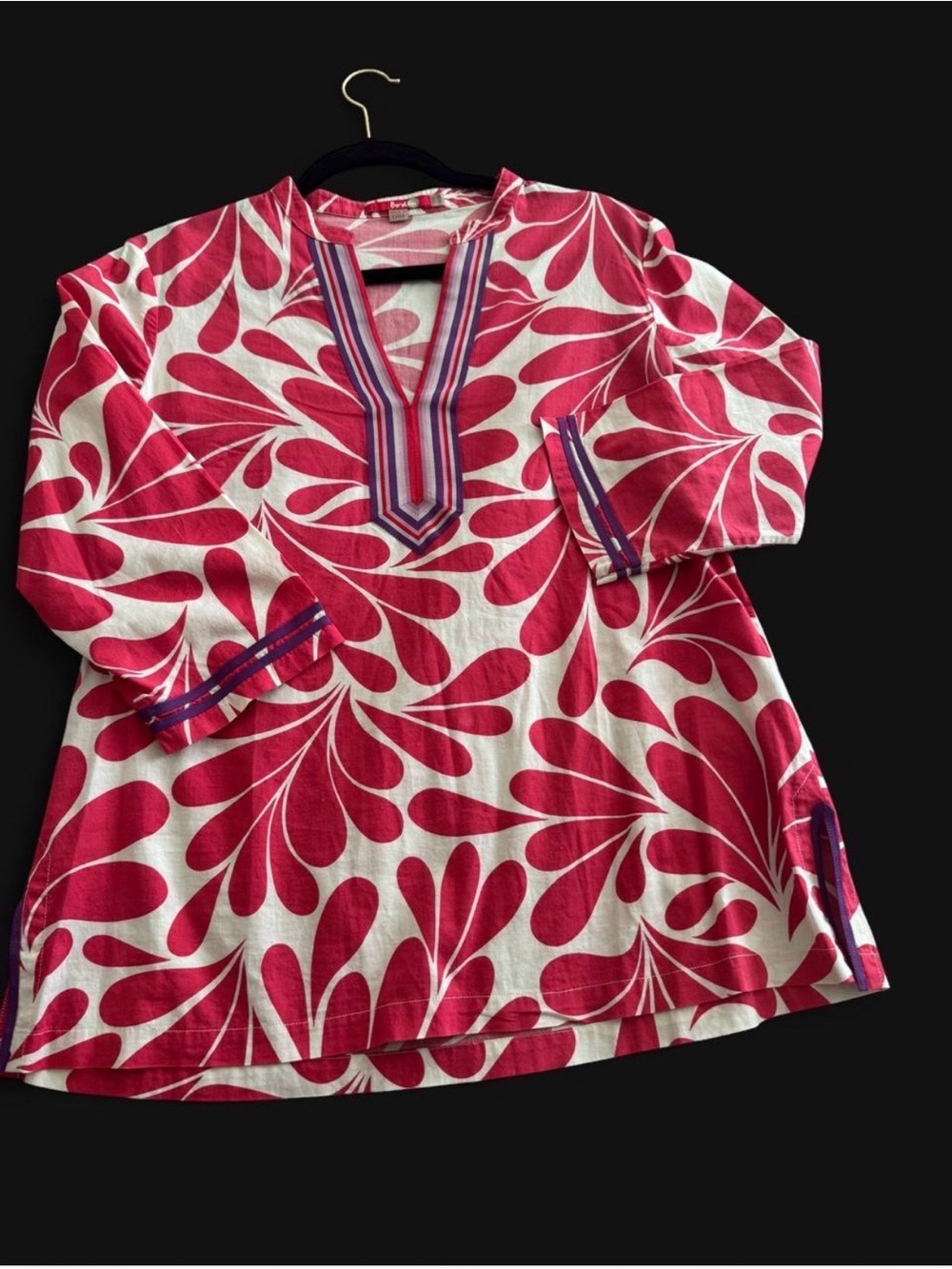 Boden Pink & White Floral Print Tunic with Striped Trim, US10